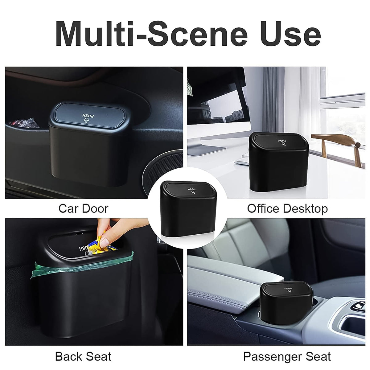 Compact car waste bin with lid for keeping small rubbish contained.