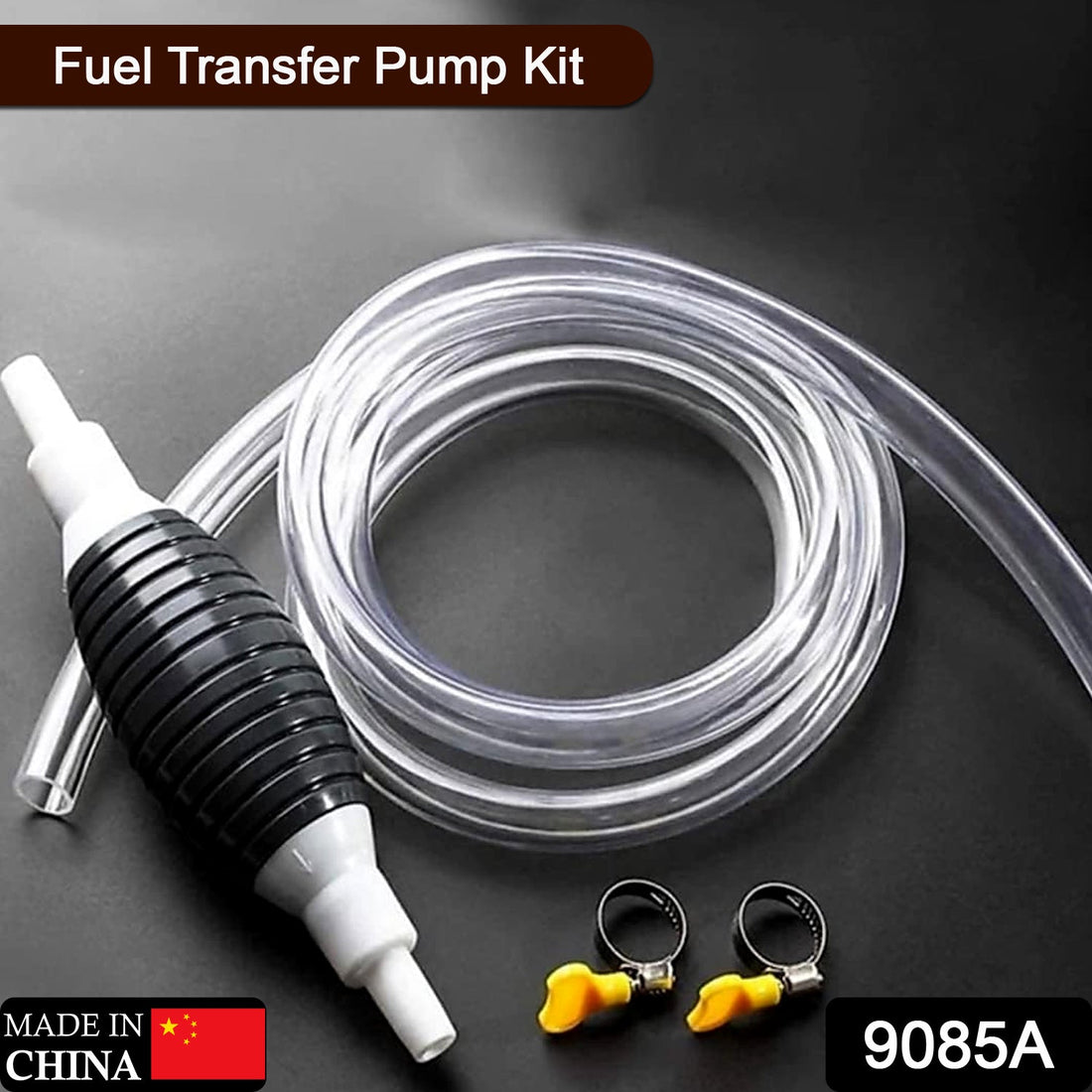 Portable fuel transfer pump kit with hoses and bulb, ready for petrol and diesel siphoning.