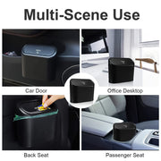 Compact car waste bin with lid for keeping small rubbish contained.