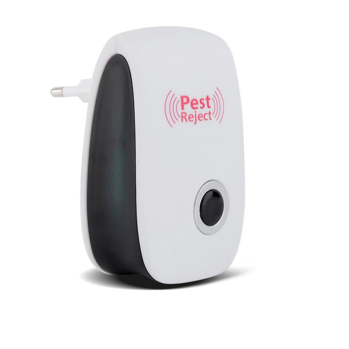 Ultrasonic pest repeller shown with a coverage illustration.