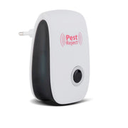 Ultrasonic pest repeller shown with a coverage illustration.