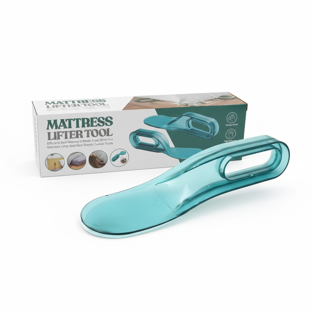 Ergonomic mattress lifter tool with curved handle for easy bed making.