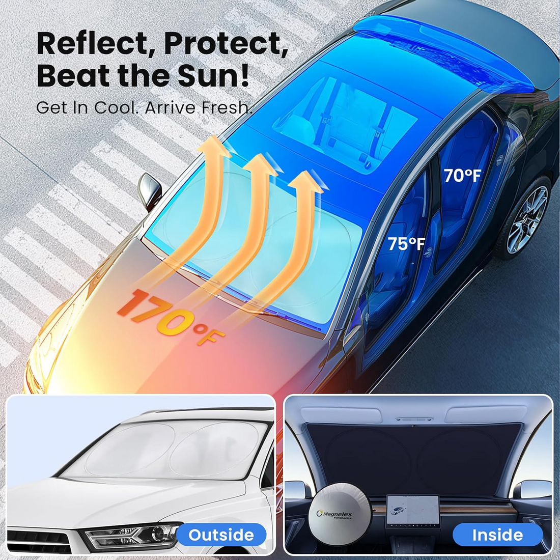 Foldable Car Windshield Sunshade reflecting sunlight for heat protection.
