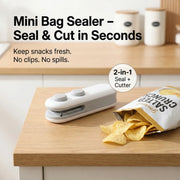 Close-up of the mini bag sealer's sealing and cutting areas.