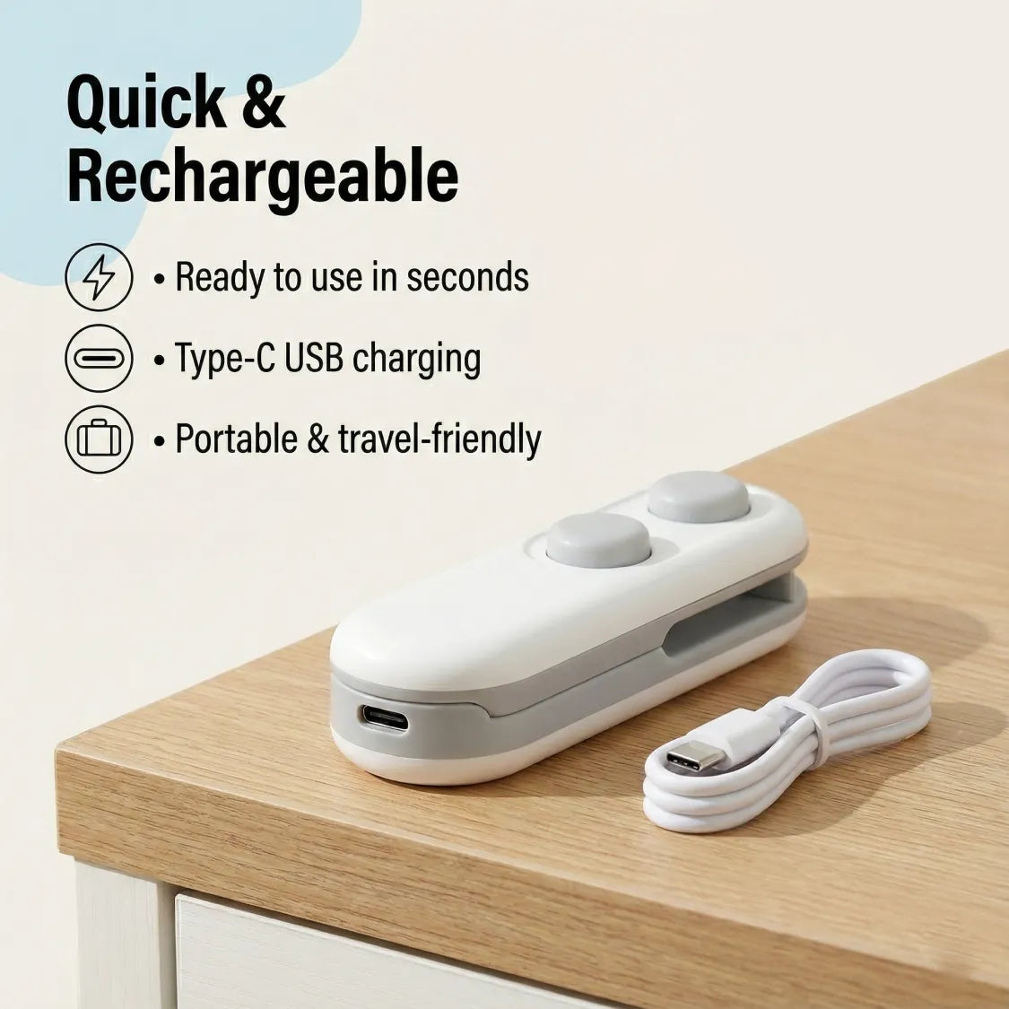 Mini bag sealer size reference showing its compact handheld design.