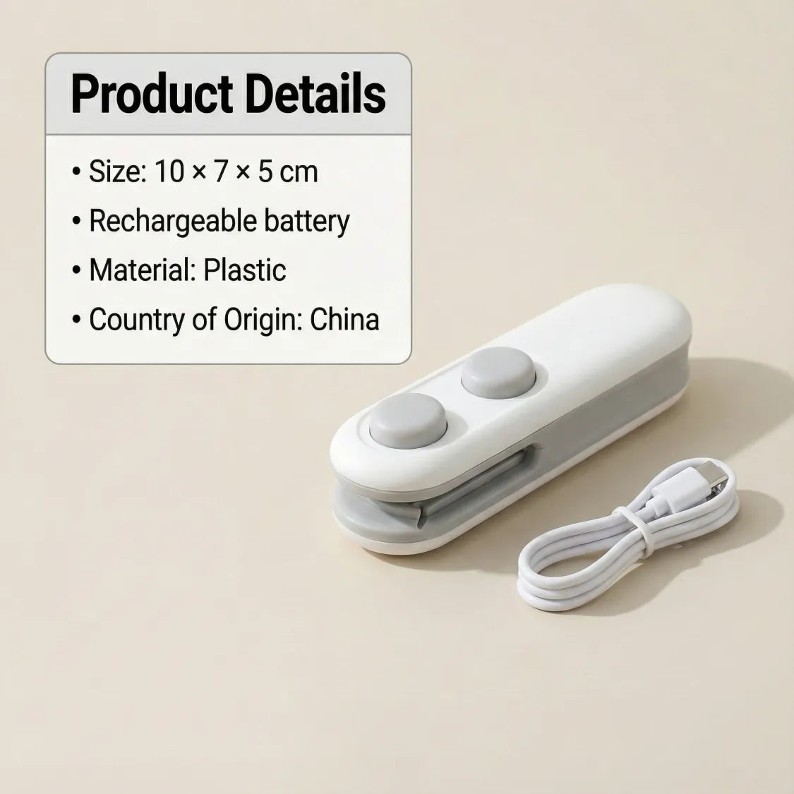Packaging of the 2-in-1 mini bag sealer and cutter.