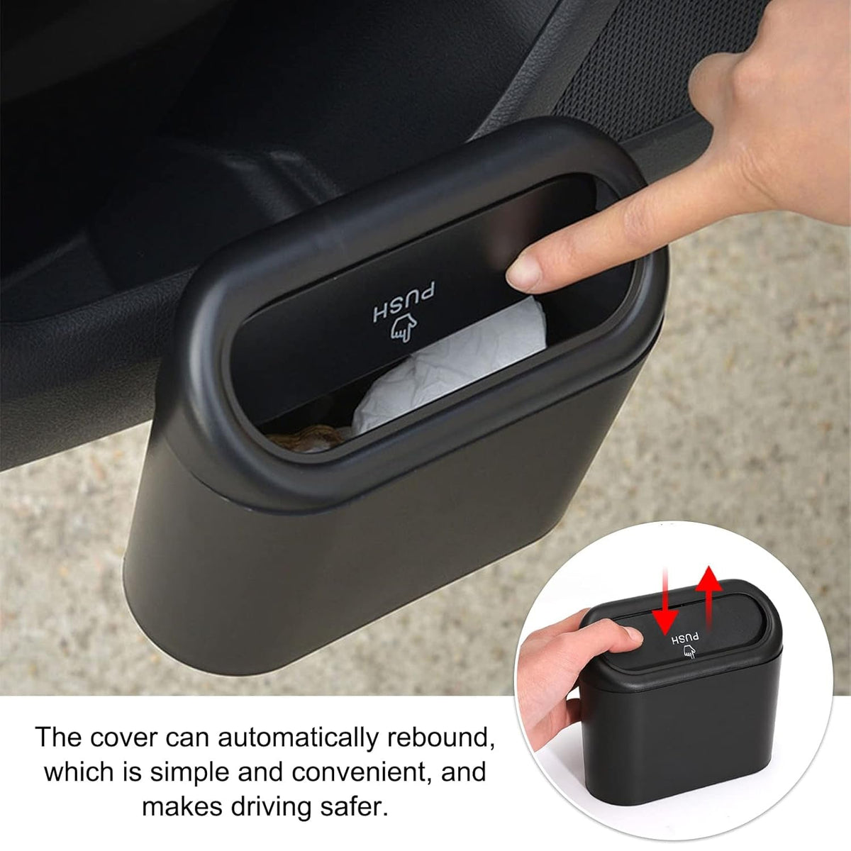 Mini car trash can mounted inside a vehicle.