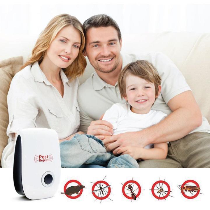 Plug-in ultrasonic pest repeller shown in a household setting.