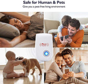Multiple ultrasonic pest repeller units shown in different rooms.