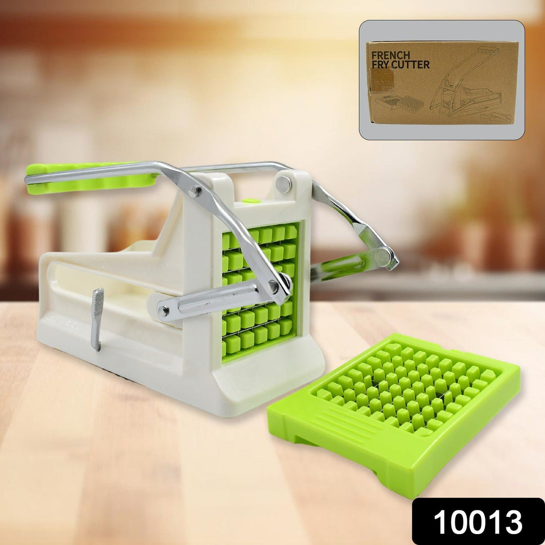Stainless steel French fry cutter on a kitchen counter, ready for use.