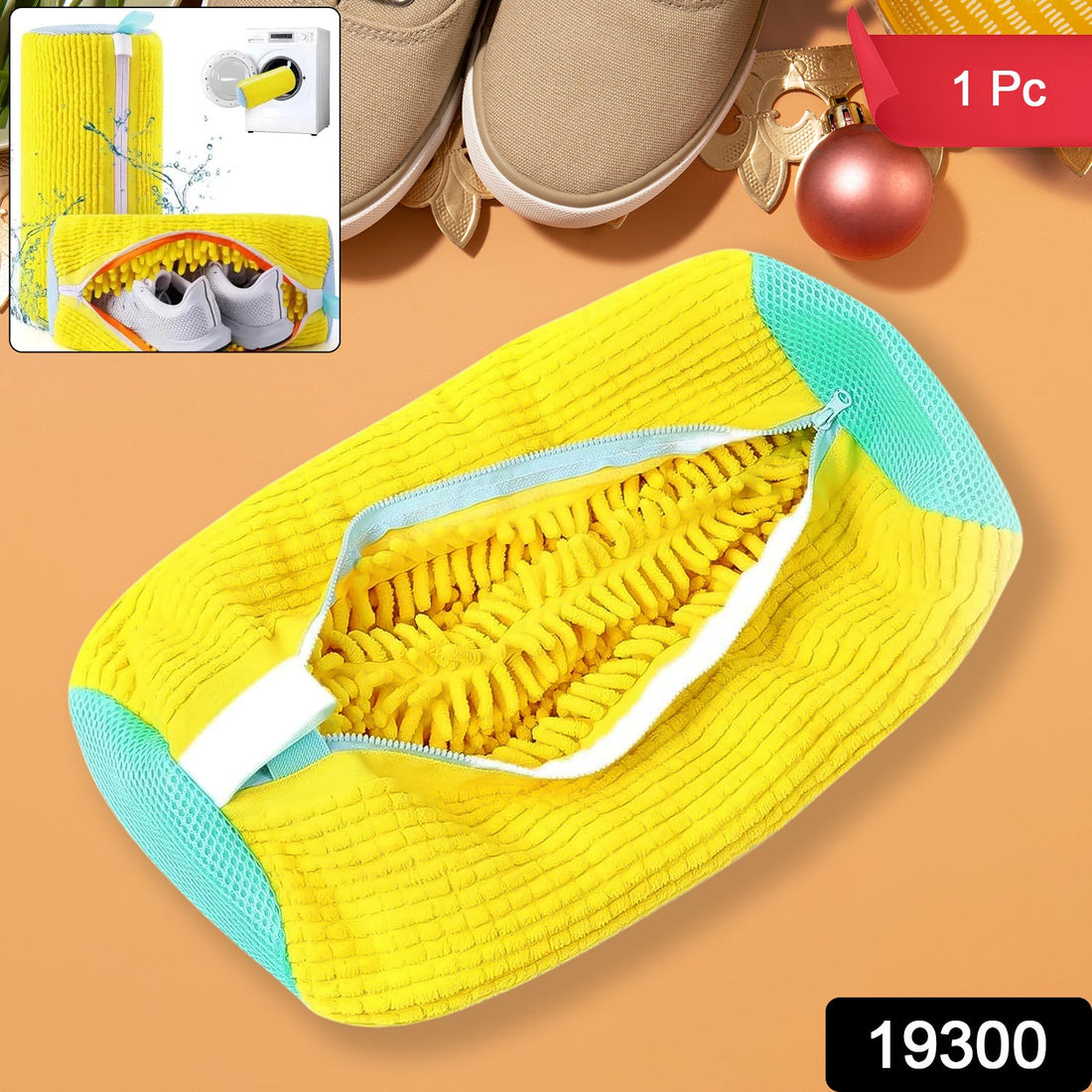 Shoe washing machine bag with microfiber chenille lining and zipper closure